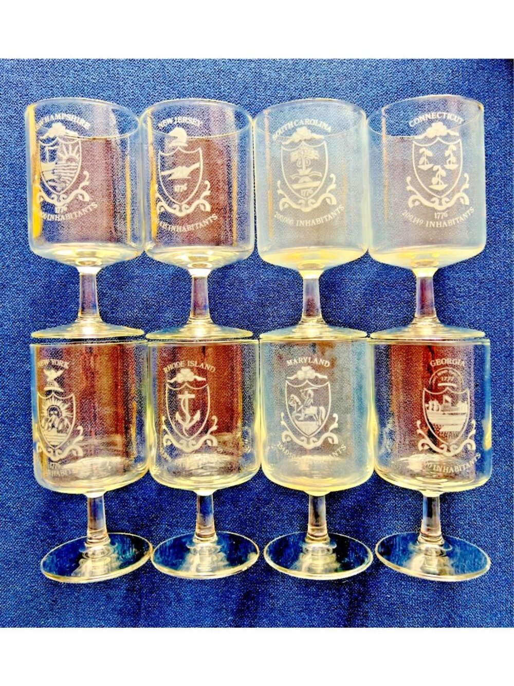 8 DUBUQUE USA States Glasses Crystal Stemmed Barware NJ NC CT GA NH NY MD RI